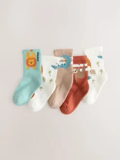 Animaux de safari bleu sarcelle/marron - Lot 5 paires de chaussettes Character riches en coton