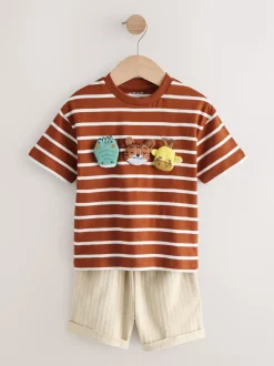 Animaux rembourrés Rayures marron rouille - Ensemble T-shirt et short Manches courtes (3mths-7yrs)