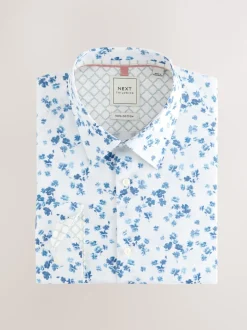 Aquarelle blanc/bleu fleuri - Chemise formelle imprimée 100% coton à manches longues et poignets simples