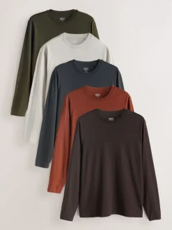 Ardoise/vert/écru/orange/marron - Ajustement régulier - T-shirt à coupe classique à manches longues en coton 100 %, lot de 5