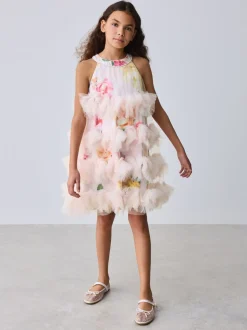 Baker by Ted Baker Robe dos nu rose 3D duveteuse en maille à volants