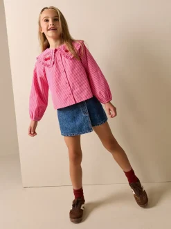 Bande rose - Chemisier à manches longues avec col brodé cerise (3-16ans)