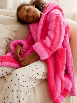 Bande rose/rouge - Robe de chambre en polaire Teddy (9mois-16ans)