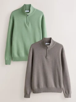 Beige Sable foncé/Vert sauge - Lot de 2 pulls N. Premium 100% coton Coupe classique Premium Quarter Zip