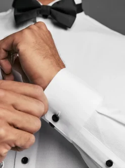 Blanc - Ajustement régulier - Coupe ajustée Single Cuff Chemises With Col cassé And Nœud papillon Lot