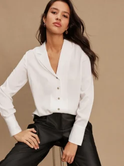 Blanc - Chemise à manches longues à col doux Revere