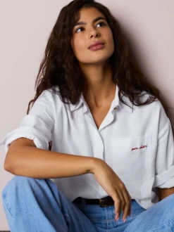 Blanc - Chemise raccourcie décontractée à manches longues avec broderie de poche