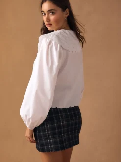 Blanc - Chemisier brodé à manches longues avec col