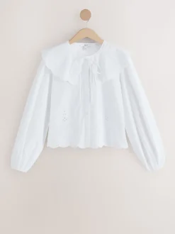 Blanc - Chemisier brodé à manches longues avec col