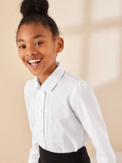 Blanc - Chemisier scolaire à manches longues et bordures en dentelle (3-14ans)