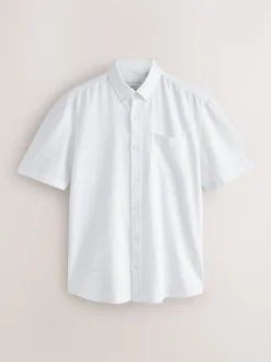 Blanc - Col Classique - Chemise à manches courtes en lin et coton mélangés