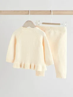 Blanc - Ensemble cardigan en maille à nœud à volants (0mois-3ans)