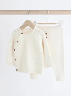Blanc - Ensemble pull et pantalon en maille bébé (0mois-2ans)