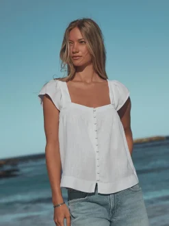 Blanc - Haut boutonné à manches évasées avec lin