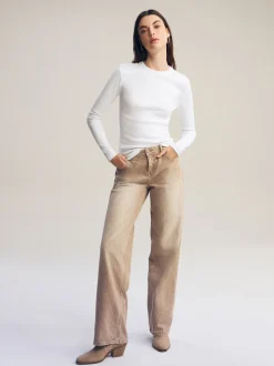 Blanc - Haut côtelé à manches longues et col ras du cou