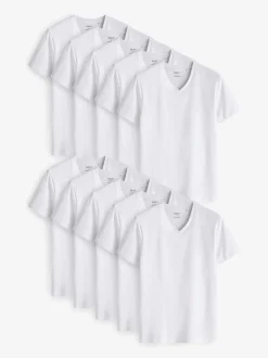 Blanc - Lot de 10 T-shirts Col en V 100% Coton Coupe ajustée