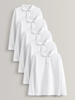 Blanc - Polos scolaires 100% coton à manches longues Lot de 5 (3-16ans)