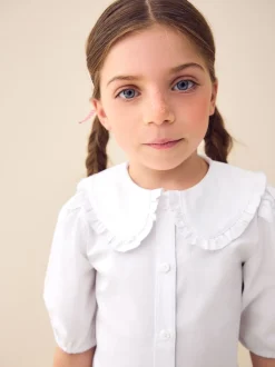 Blanc - Premium Cotton Rich Frill Col School Chemisiers (3-14yrs)