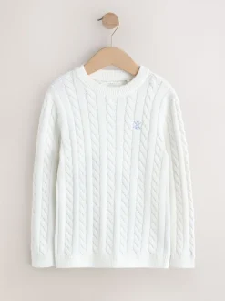 Blanc - Pull à col rond en maille torsadée (3-16ans)