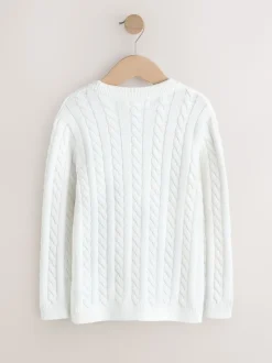 Blanc - Pull à col rond en maille torsadée (3-16ans)
