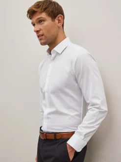 Blanc - Skinny Fit (Skinny Fit) - Chemise élégante texturée facile d’entretien à poignets simples