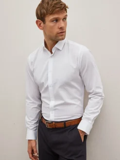 Blanc - Skinny Fit (Skinny Fit) - Chemise élégante texturée facile d’entretien à poignets simples