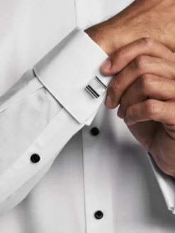 Blanc - Slim Fit (Slim Fit) - Textured Double Cuff Manches longues Chemises With Col cassé And Nœud papillon Lot