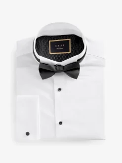 Blanc - Slim Fit (Slim Fit) - Textured Double Cuff Manches longues Chemises With Col cassé And Nœud papillon Lot