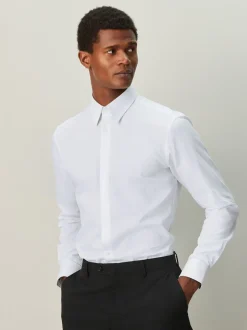 Blanc - Slim Fit (Slim Fit) - Chemise habillée texturée à manches longues avec bordure