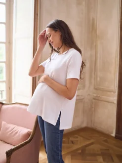 Blanc - T-shirt Grossesse Seraphine en modal de coton à manches courtes