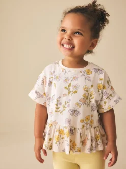 Blanc écru à fleurs - T-shirt péplum à manches courtes (3mois-7ans)