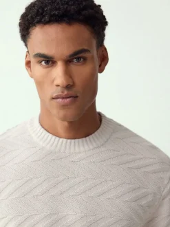Blanc écru - Pull à col rond en coton riche à torsades coupe classique