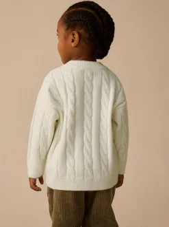 Blanc écru - Pull col rond en maille torsadée (3mois-7ans)