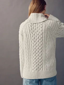 Blanc écru - Pull long torsadé à col roulé en laine