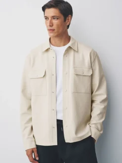 Blanc écru - Veste-chemise en jersey sergé à boutons-pression