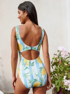 Blanc et Bleu rayé imprimé citron - DD Maillot de bain coupe ventrale Col dégagé