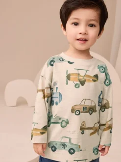 Blanc motif transport - T-shirt imprimé manches longues 100% coton (3mois-7ans)