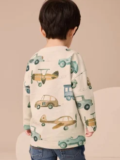 Blanc motif transport - T-shirt imprimé manches longues 100% coton (3mois-7ans)