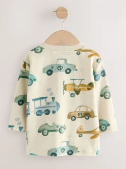 Blanc motif transport - T-shirt imprimé manches longues 100% coton (3mois-7ans)