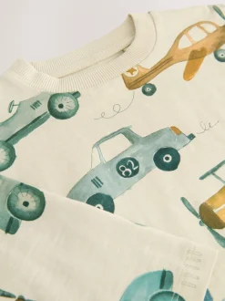 Blanc motif transport - T-shirt imprimé manches longues 100% coton (3mois-7ans)