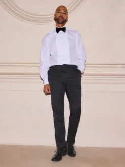 Blanc étroit Plissé - Chemises de chambre à double poignet 100% coton avec col découpé