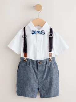 Blanc/Bleu - Ensemble Chemises Shorts Bretelles & Nœud Cravate (3mois-9ans)