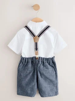 Blanc/Bleu - Ensemble Chemises Shorts Bretelles & Nœud Cravate (3mois-9ans)
