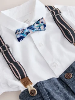 Blanc/Bleu - Ensemble Chemises Shorts Bretelles & Nœud Cravate (3mois-9ans)