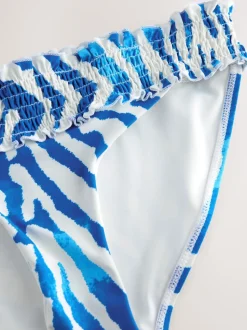 Blanc/Bleu zèbre - Bas de bikini froncé à jambes montantes
