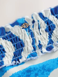 Blanc/Bleu zèbre - Bas de bikini froncé à jambes montantes
