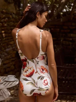 Blanc/Rouge Fleuri - Maillot de bain Wrap Tummy Control