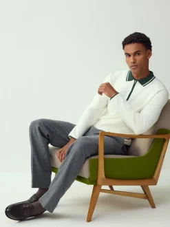 Blanc/Vert écru - Col zippé - Polo N.premium en maille à manches longues haut de gamme à manches longues