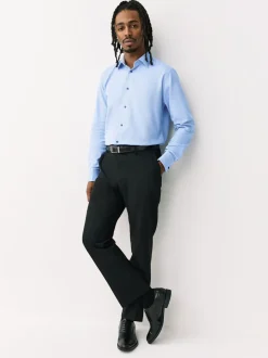 Bleu - Ajustement régulier - Chemise formelle texturée à manches longues 100% coton avec bordure