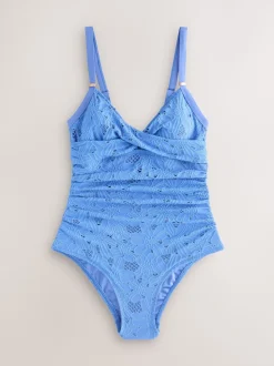 Bleu à broderies - Maillot de bain moulant avec contrôle du ventre